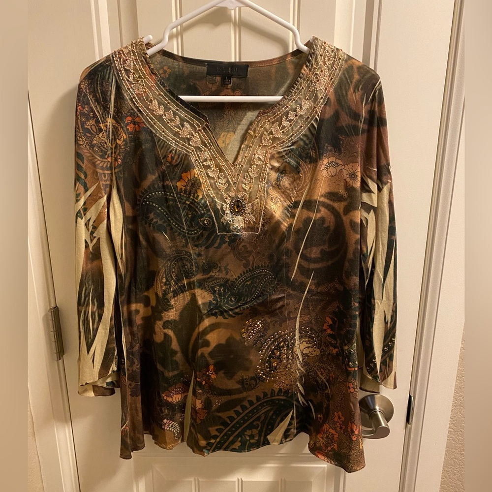 BLEU L Top Sublimation Blouse Lace Jewelry Trim Bling Shirt Large Lg